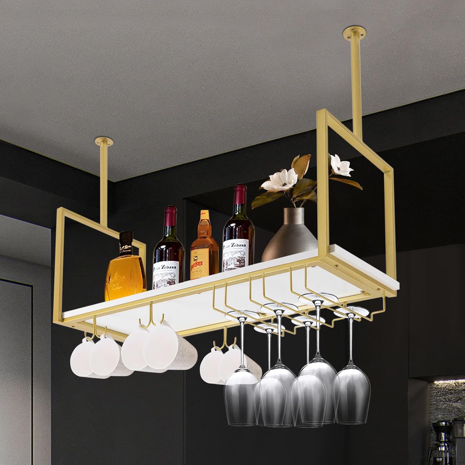 Estante rústico para copas de vino, 31.5 pulgadas, soporte de metal para copas de vino, soporte para tazas y estante, barra de techo de metal para