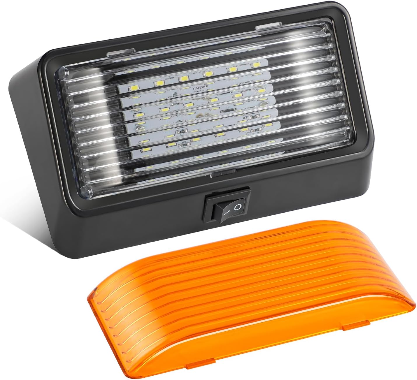Partsam Luz LED rectangular para porche RV con Swith, repuesto de luz exterior para autocaravana, base negra con lentes transparentes y ámbar