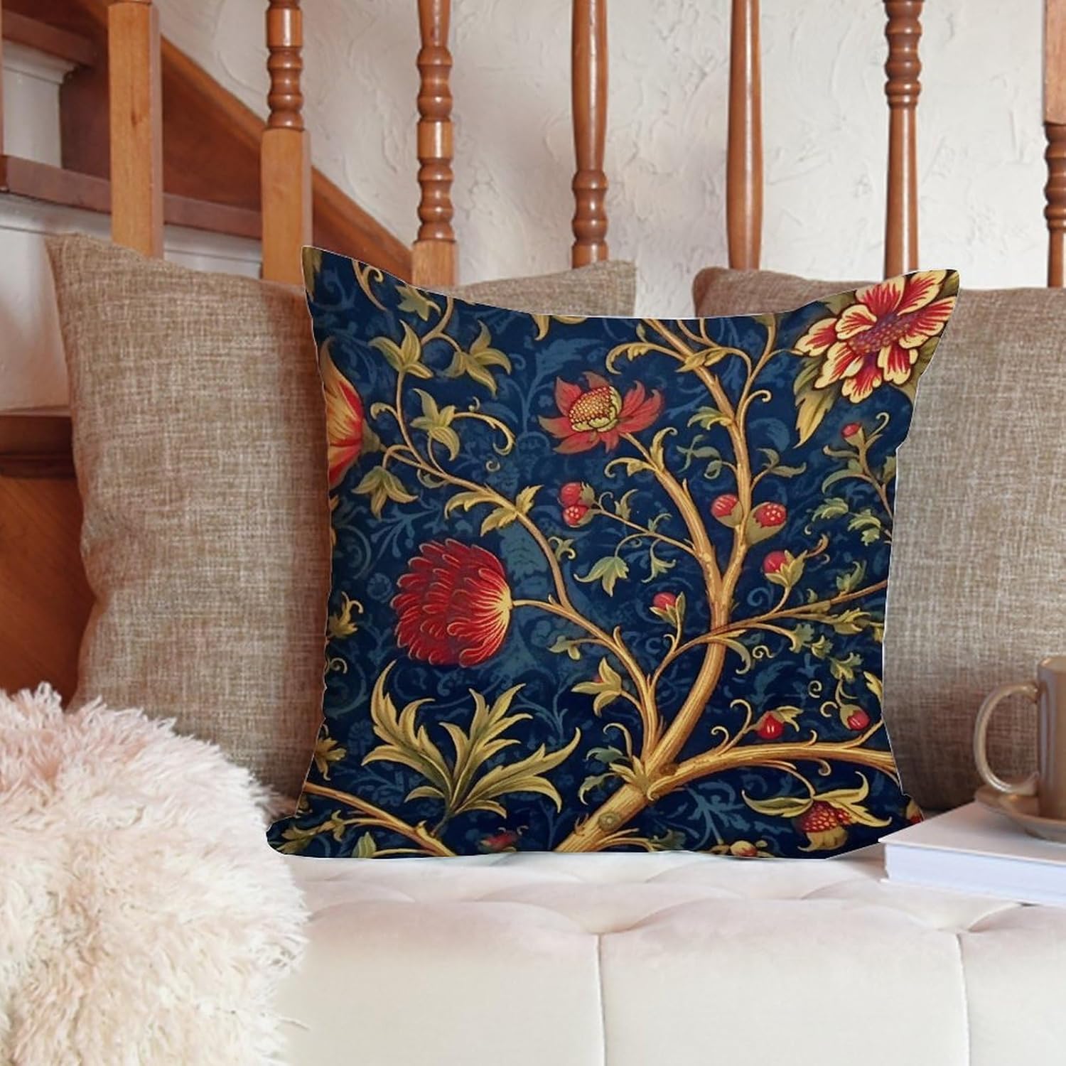 ArogGeld Cojín botánico de lino blanco con flores de olivo burdeos, color azul marino y rojo, floral, blanco, funda de cojín para sofá, chinoiserie