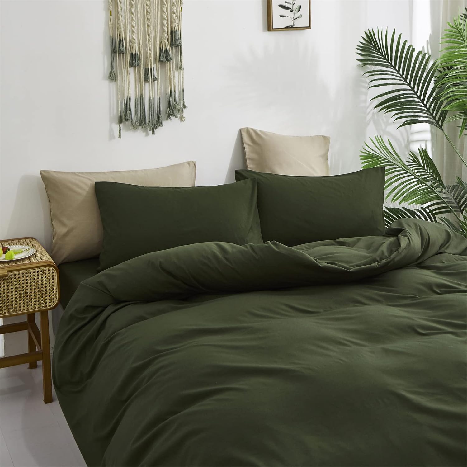 Cottonight – Juego de edredón verde militar tamaño California king, edredón unicolor moderno, suave y transpirable color verde oscuro, juego de 3