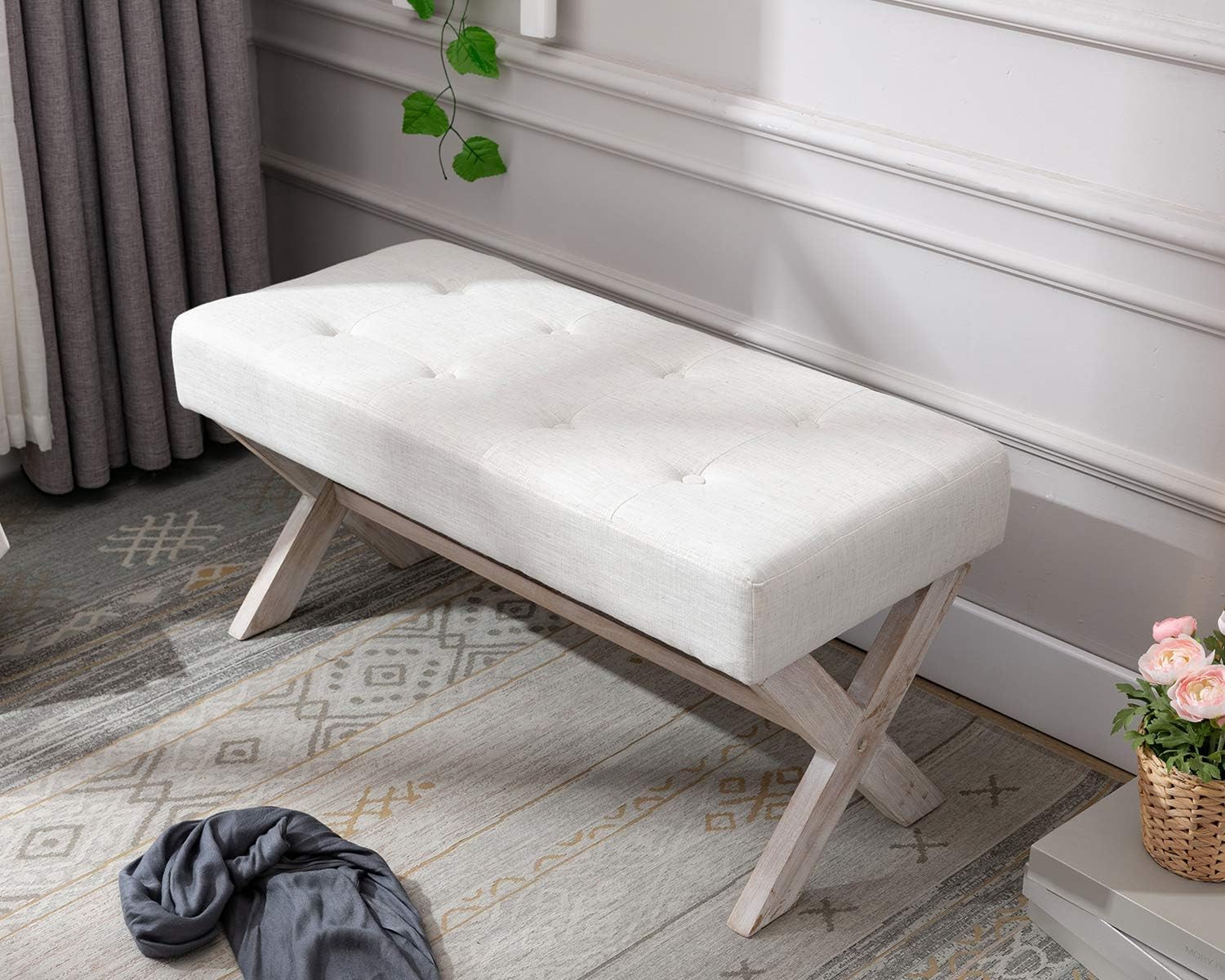 chairus Asiento de banco de entrada tapizado de tela, asiento de banco de dormitorio de 36 pulgadas con patas de madera en forma de X para sala de