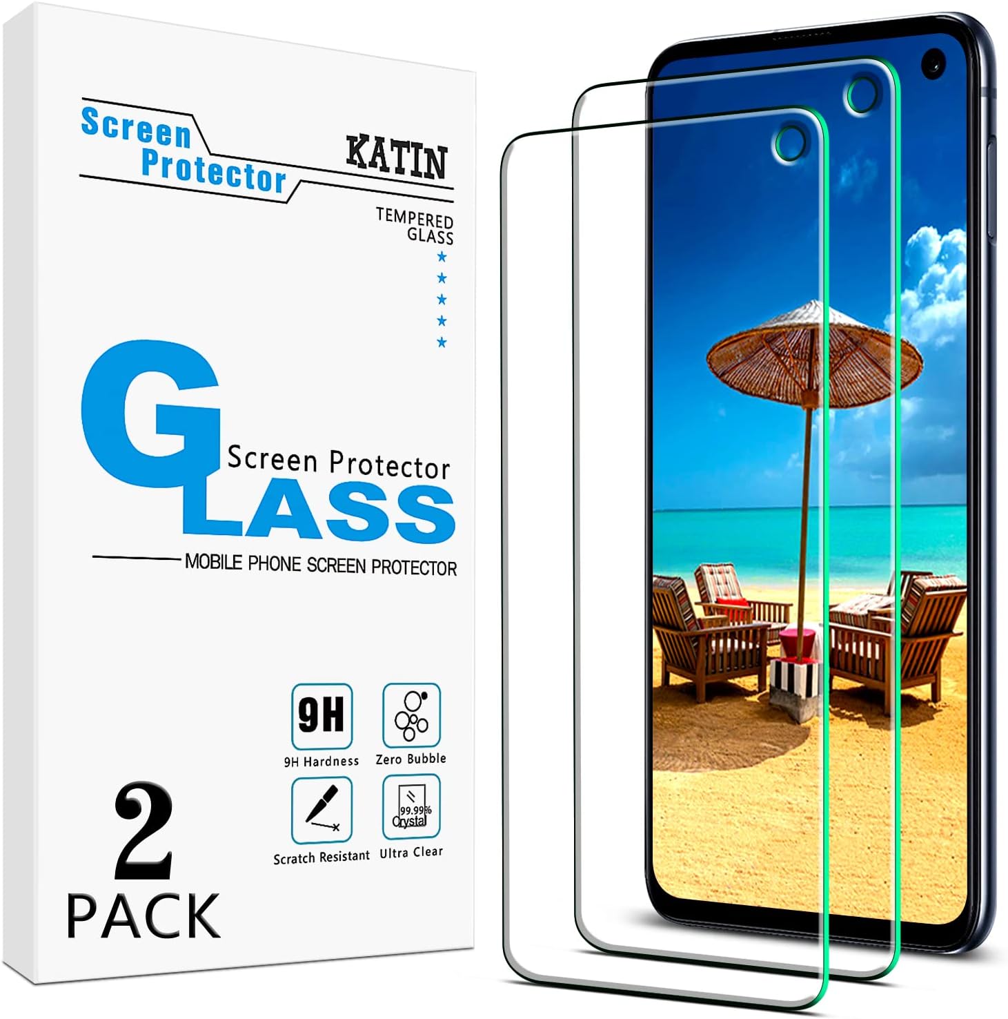 KATIN Paquete de 2 Protector de pantalla de vidrio templado para Samsung Galaxy S10e, antiarañazos, sin burbujas, dureza 9H, compatible con fundas