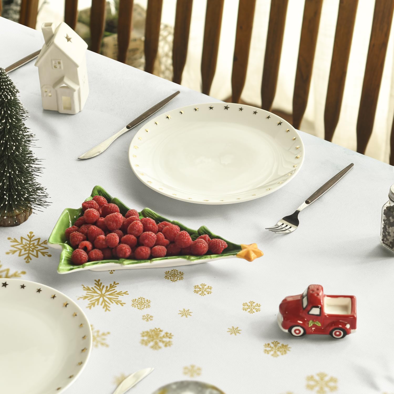 Horaldaily Mantel de Navidad de 60 x 120 pulgadas, diseño de ciervos nevados dorados, lavable, para decoración de fiestas, pícnic, cenas