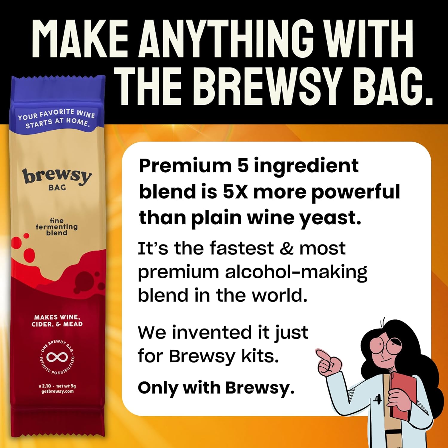 Brewsy Kit de inicio para la elaboración de vino – Kit de vino personalizado – 4 botellas en 9 días – Vino tinto o blanco – Usa cualquier jugo