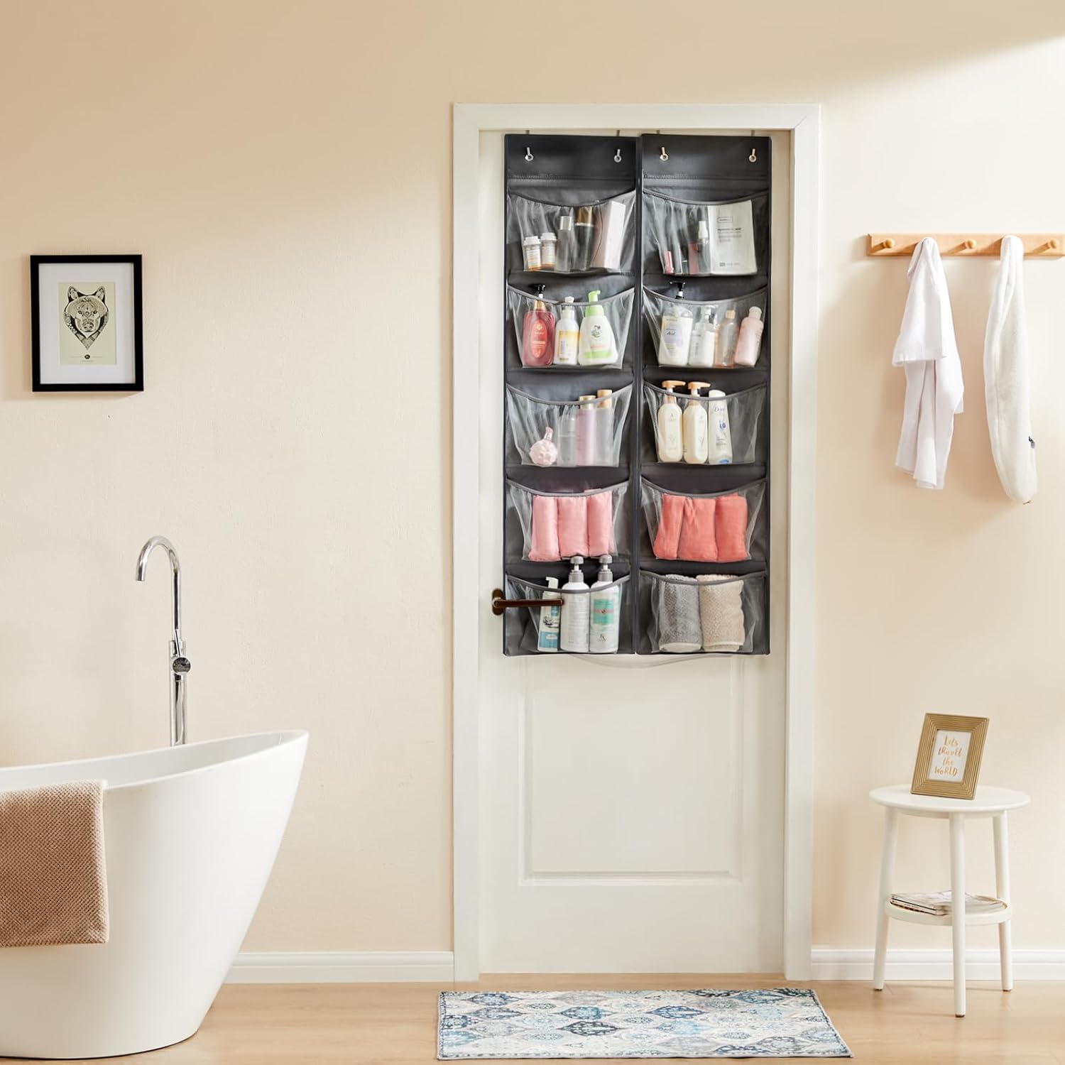 Organizador colgante de puerta para baño, organizador sobre puerta con 2 ganchos, organizador colgante de guardería, gris