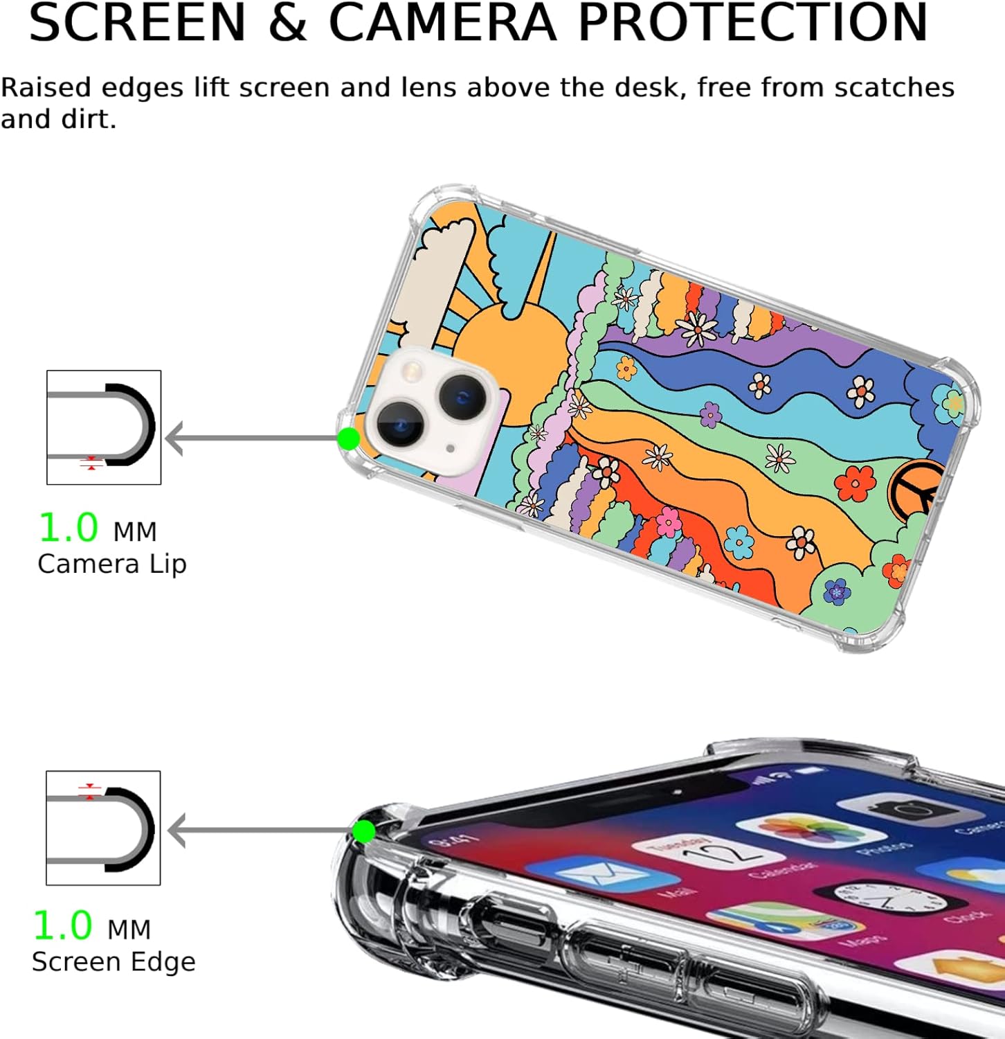 Funda retro Groovy psicodélica de flores hippie compatible con iPhone 15, funda vintage hippie arco iris sol nube para iPhone 15, Cool TPU Bumper