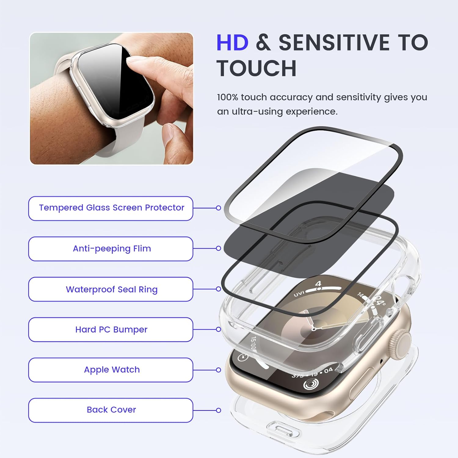 Goton Funda impermeable de privacidad 2 en 1 para Apple Watch Series 9, 8, 7, protector de pantalla de 1.772 in, cubierta frontal de vidrio templado
