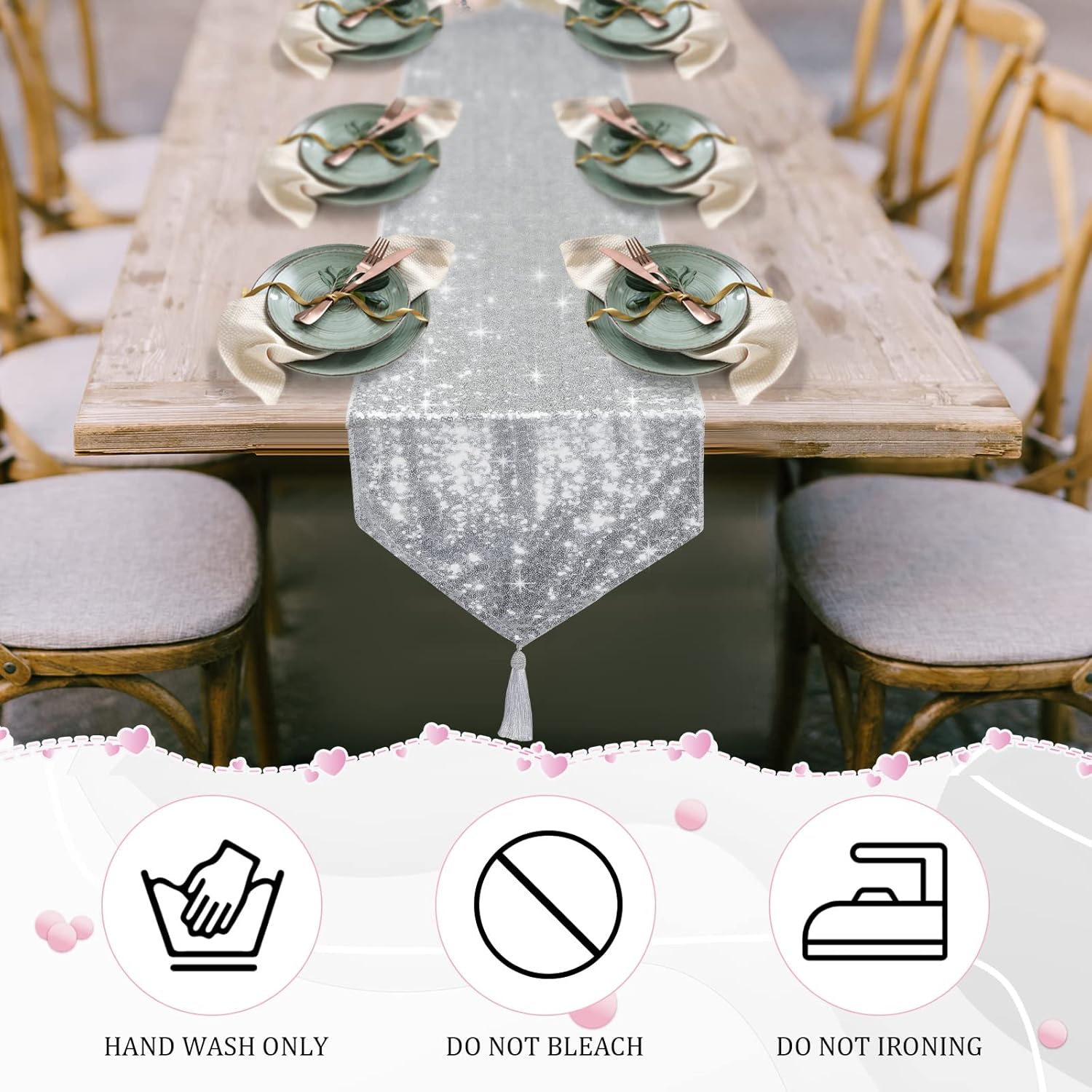 Tatuo Camino de mesa de lentejuelas con borlas para bodas, fiestas, mesa de 12 x 72 pulgadas, camino de mesa de lentejuelas con purpurina, elegante