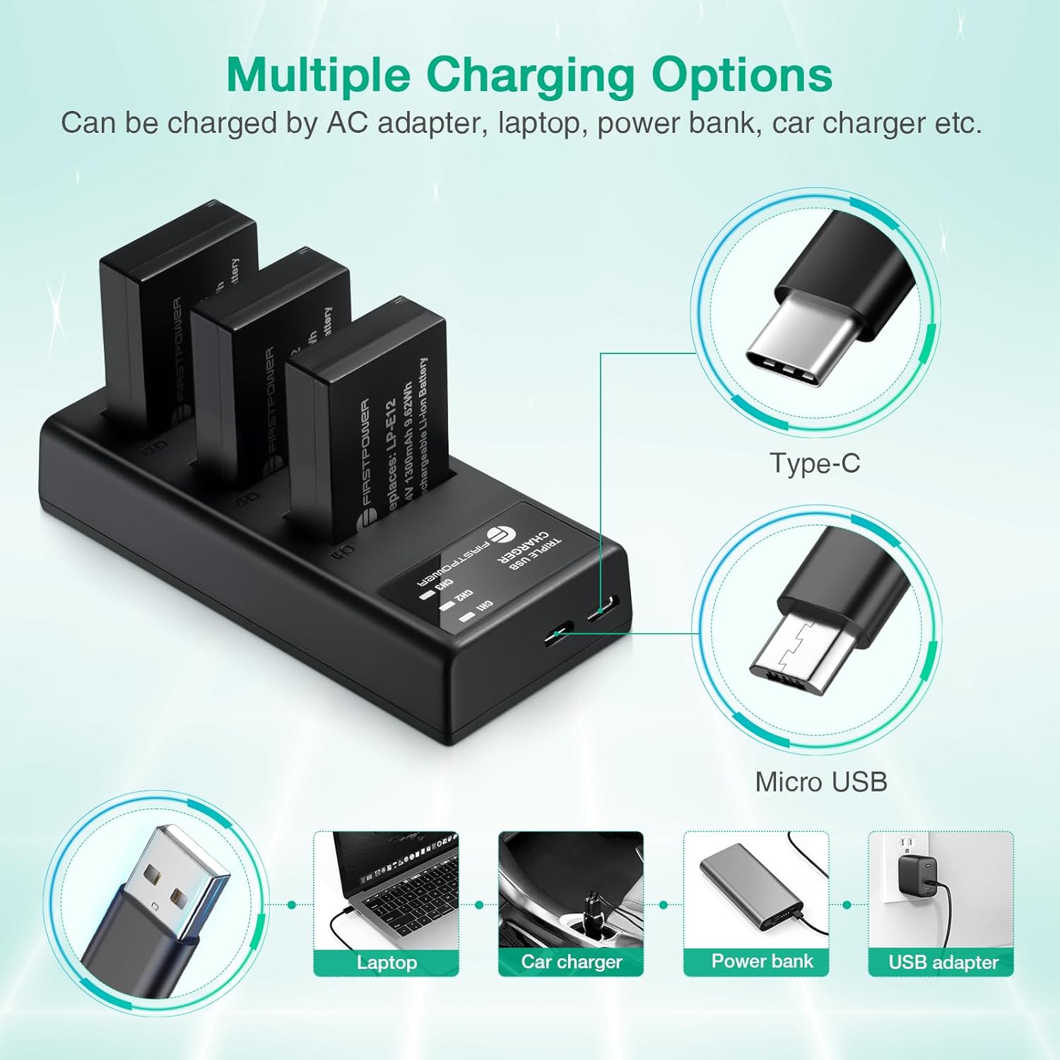 FirstPower LP-E12 – Paquete de 3 baterías y cargador de triple ranura para cámaras digitales Canon EOS M50, M50 Mark II, M, M2, M10, M100, M200,