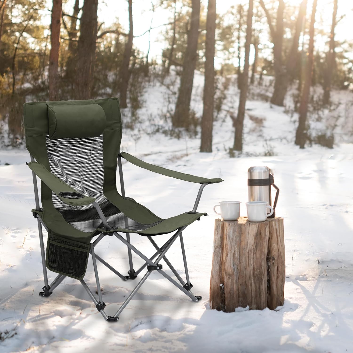 Magshion Silla de camping plegable reclinable con reposapiés para adultos, silla plegable resistente con reposapiés, juego de 2, verde oscuro