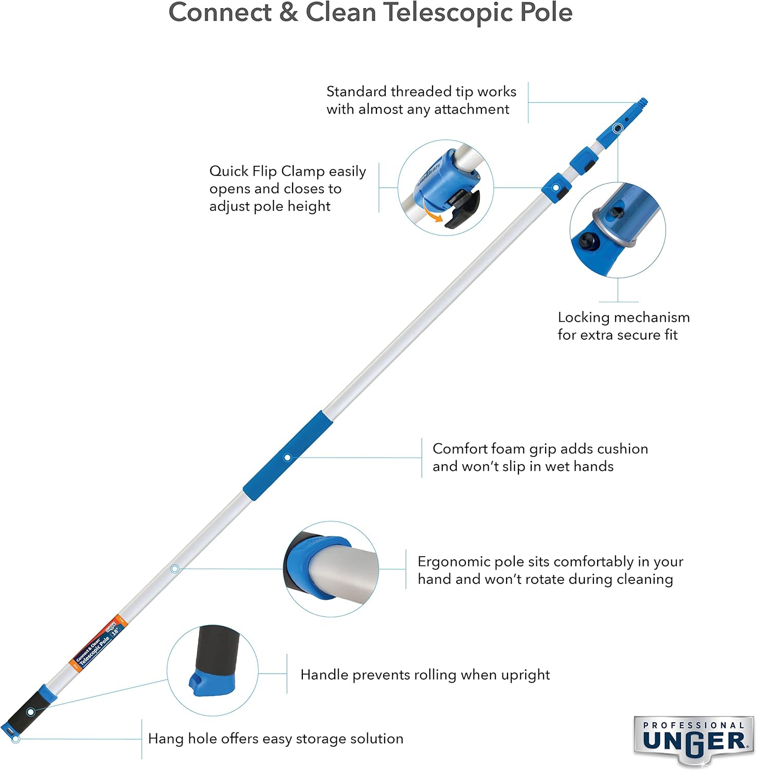 Unger Professional Connect & Clean – Poste telescópico multiusos de 6 a 18 pies con abrazadera de deslizamiento rápido, limpieza de ventanas, polvo,