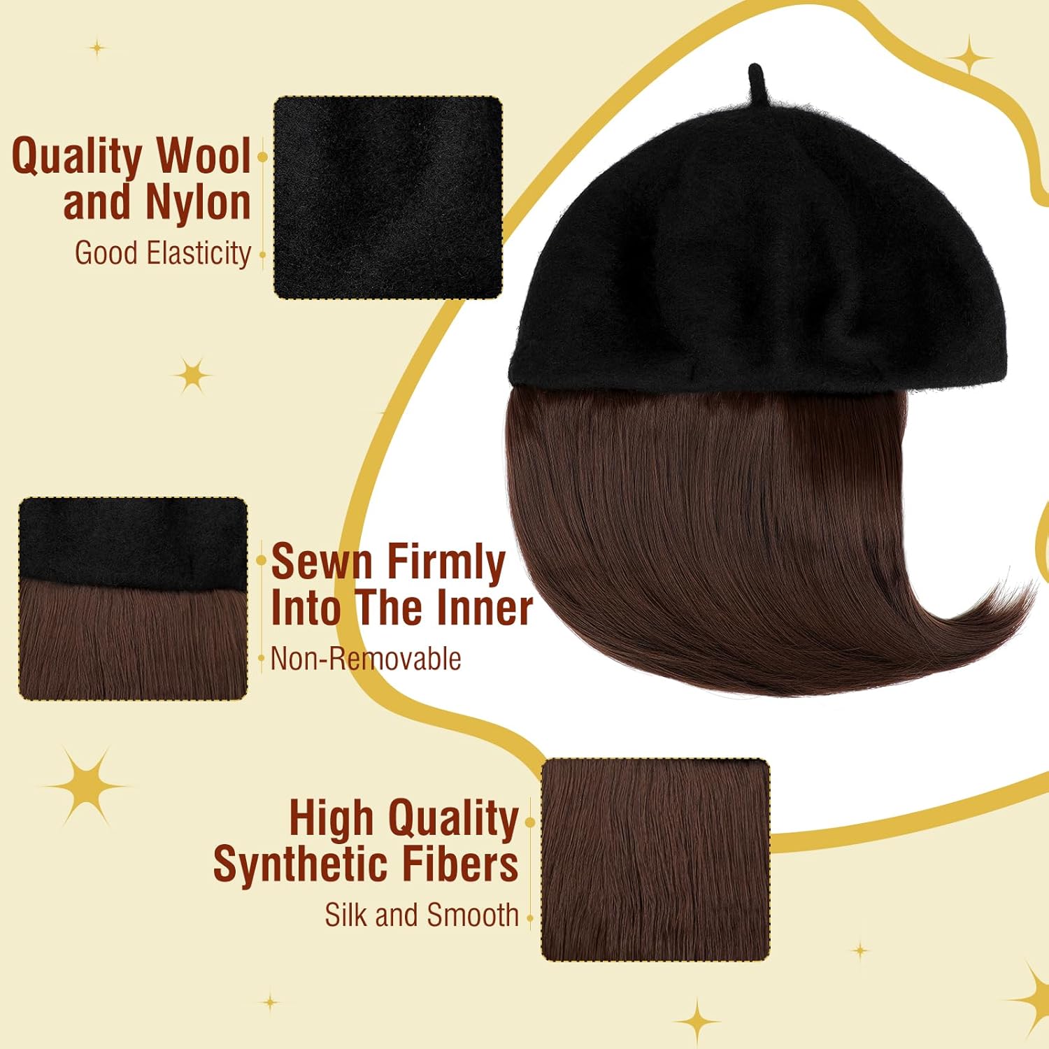 Gorro de boina con extensiones de cabello, sombrero clásico de lana francesa adjunta, 12 pulgadas, lacio, corto, Bob sintético, para mujer, marrón