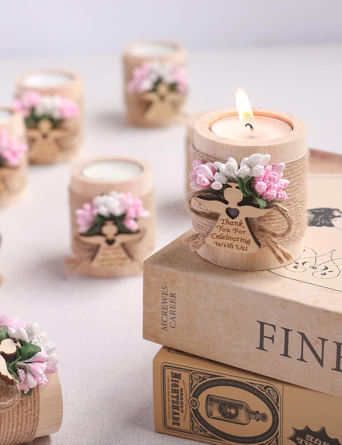 Ju’s Favors Pack of 10 Wood Tealight Candle Holder,Baptism Gifts for Girl, Communion Favors for Guests, First Communion Gift, (Light-pink angel)
