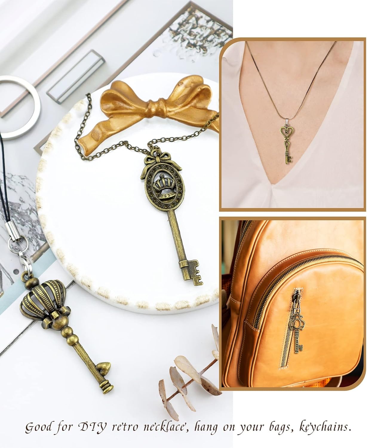 JIALEEY Dijes para llaves de esqueleto vintage, 23 tipos de 46 dijes de bronce antiguo para collares, colgantes, suministros de fabricación de