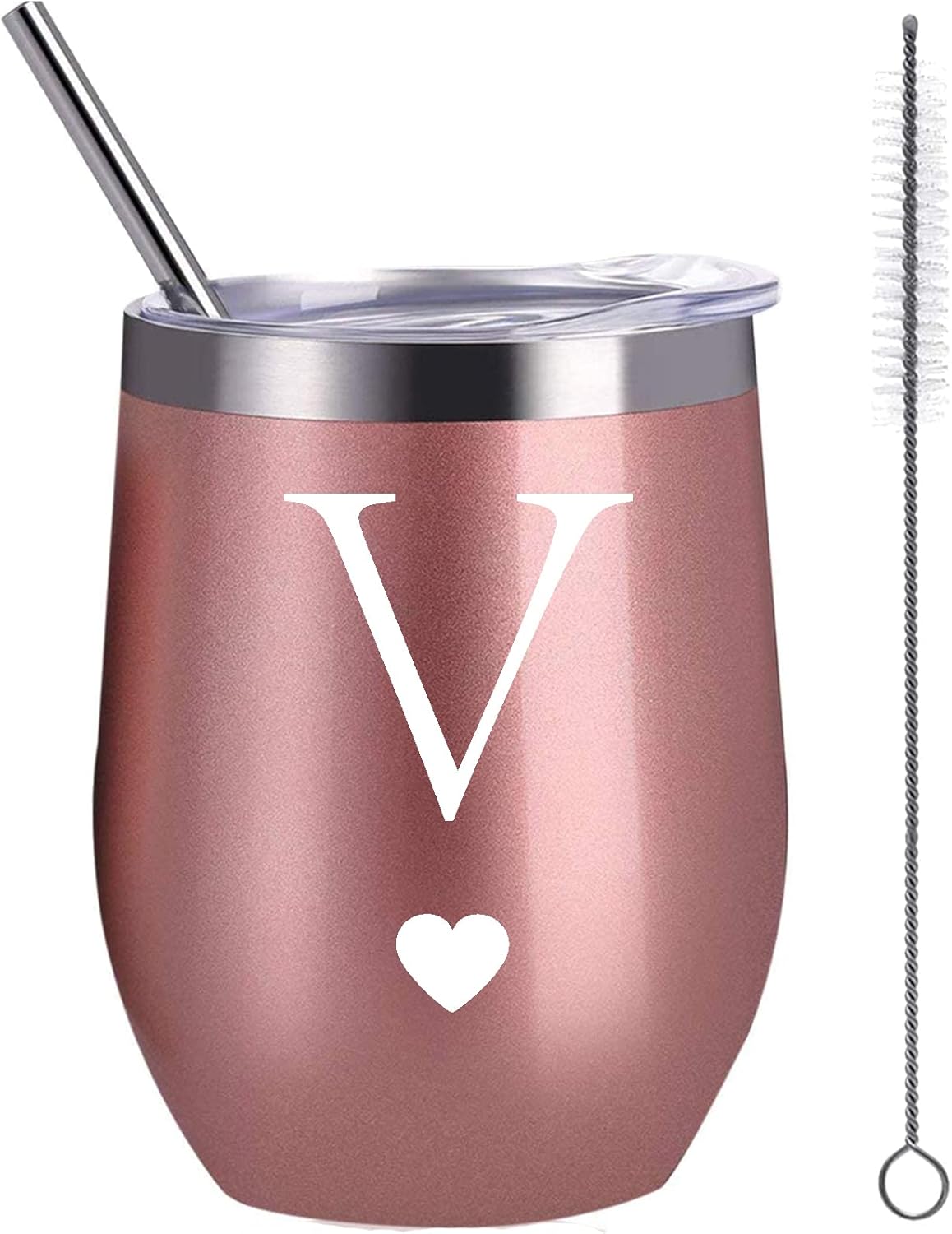 Regalos iniciales personalizados, vaso de vino de acero inoxidable de 12 onzas con cepillo para pajilla, taza insultada de oro rosa, regalo de boda,