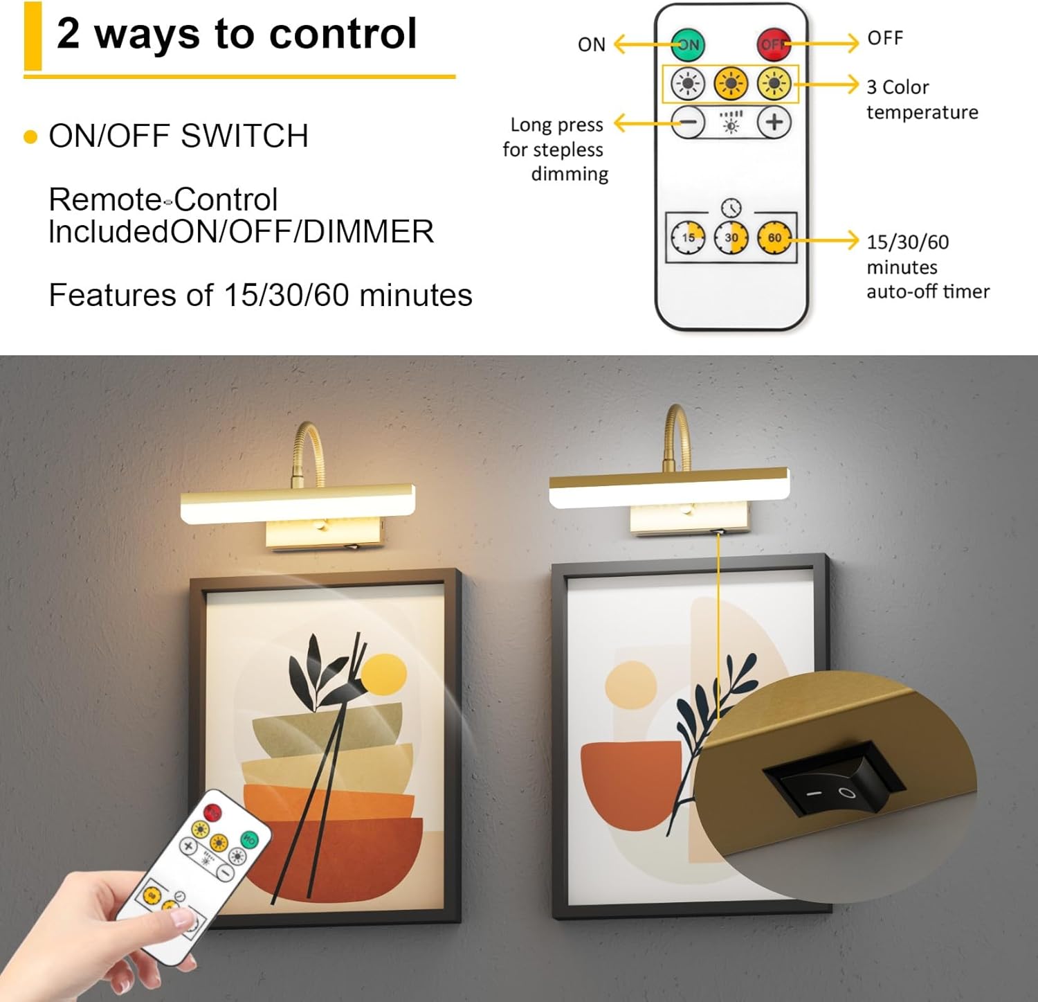 Ralbay Luz de imagen dorada, luz LED de pintura dorada con control remoto, tubo de luz giratorio con 3 modos de iluminación, luz de visualización