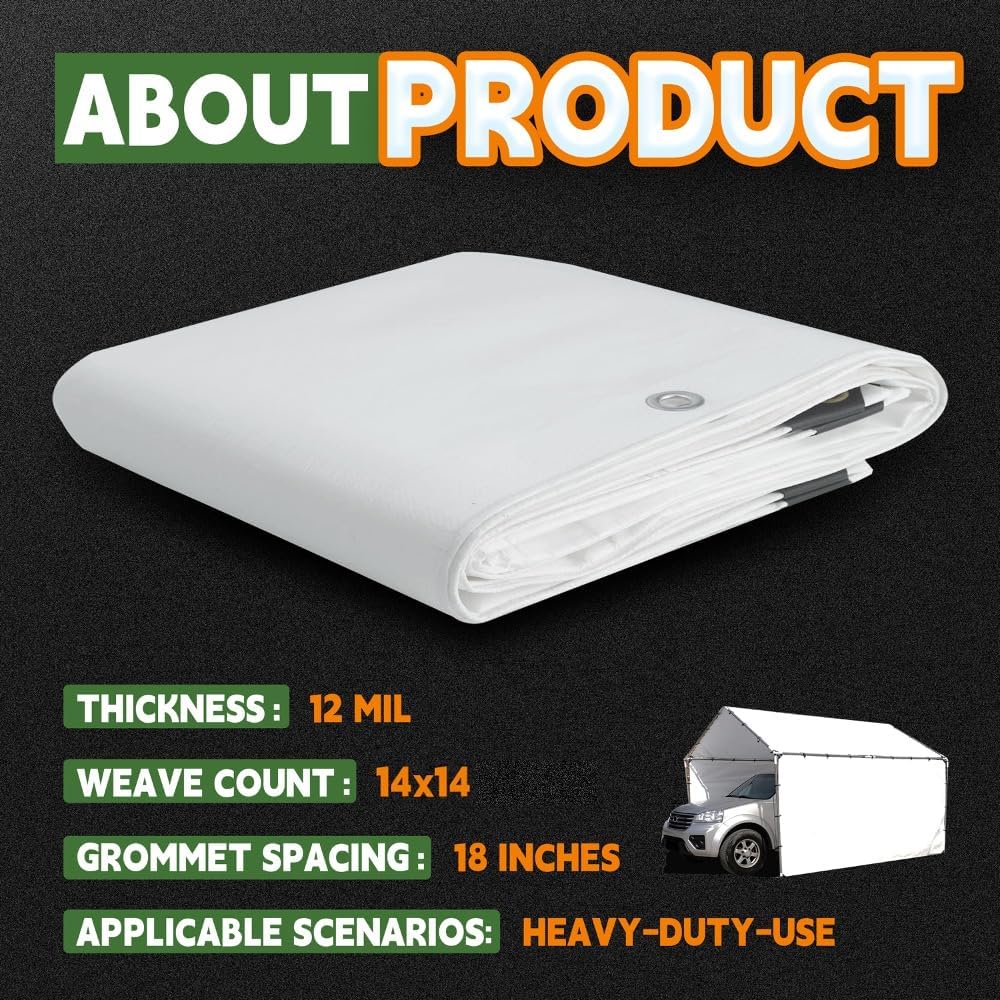 Lona blanca resistente de 12 mil de 12 x 20 pies, resistente a los rayos UV, impermeable, resistente a la intemperie, con ojales de metal y bordes
