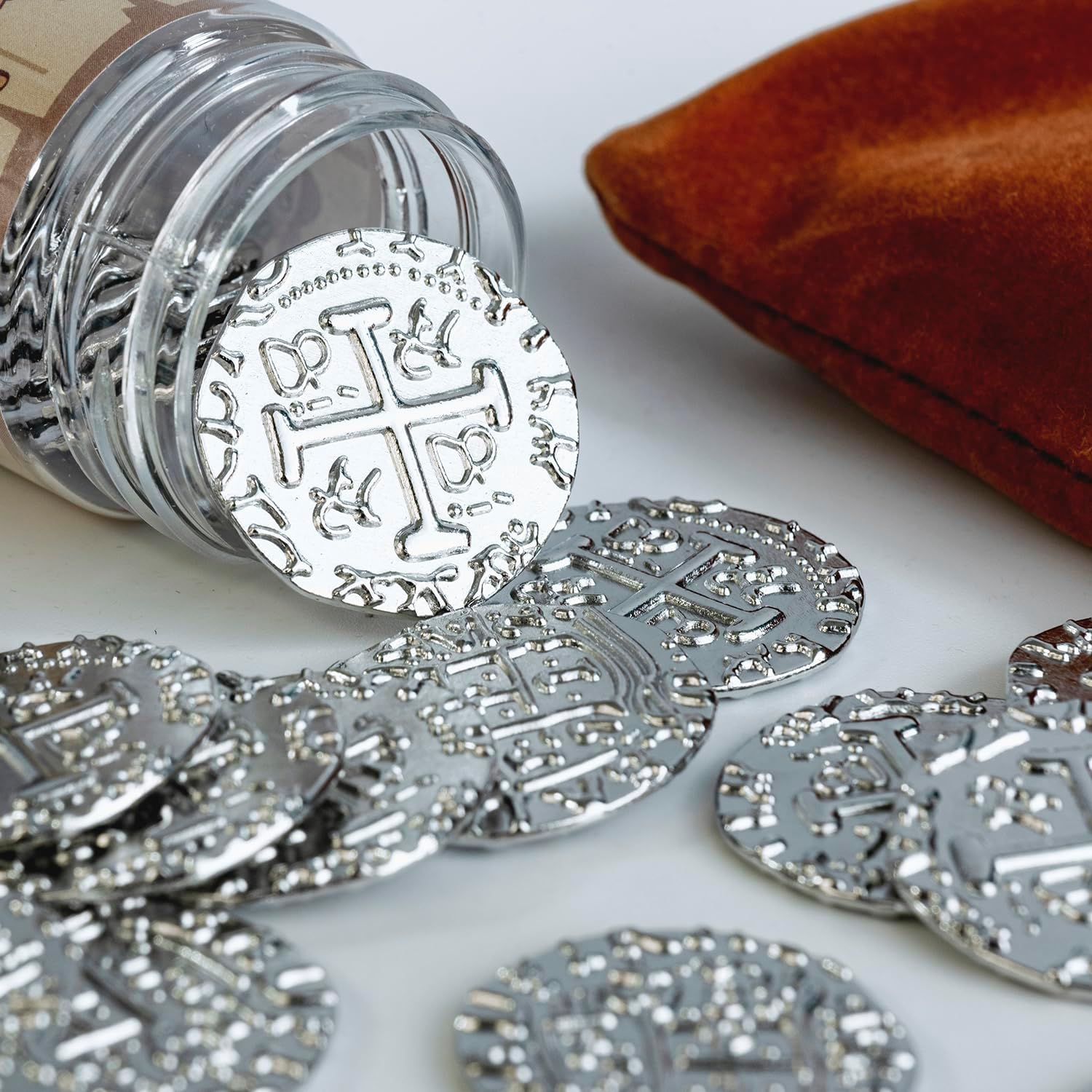 35 monedas de pirata de metal, juego de monedas del tesoro plateado, réplica de metal español para fichas de juegos de mesa, moneda de cofre del