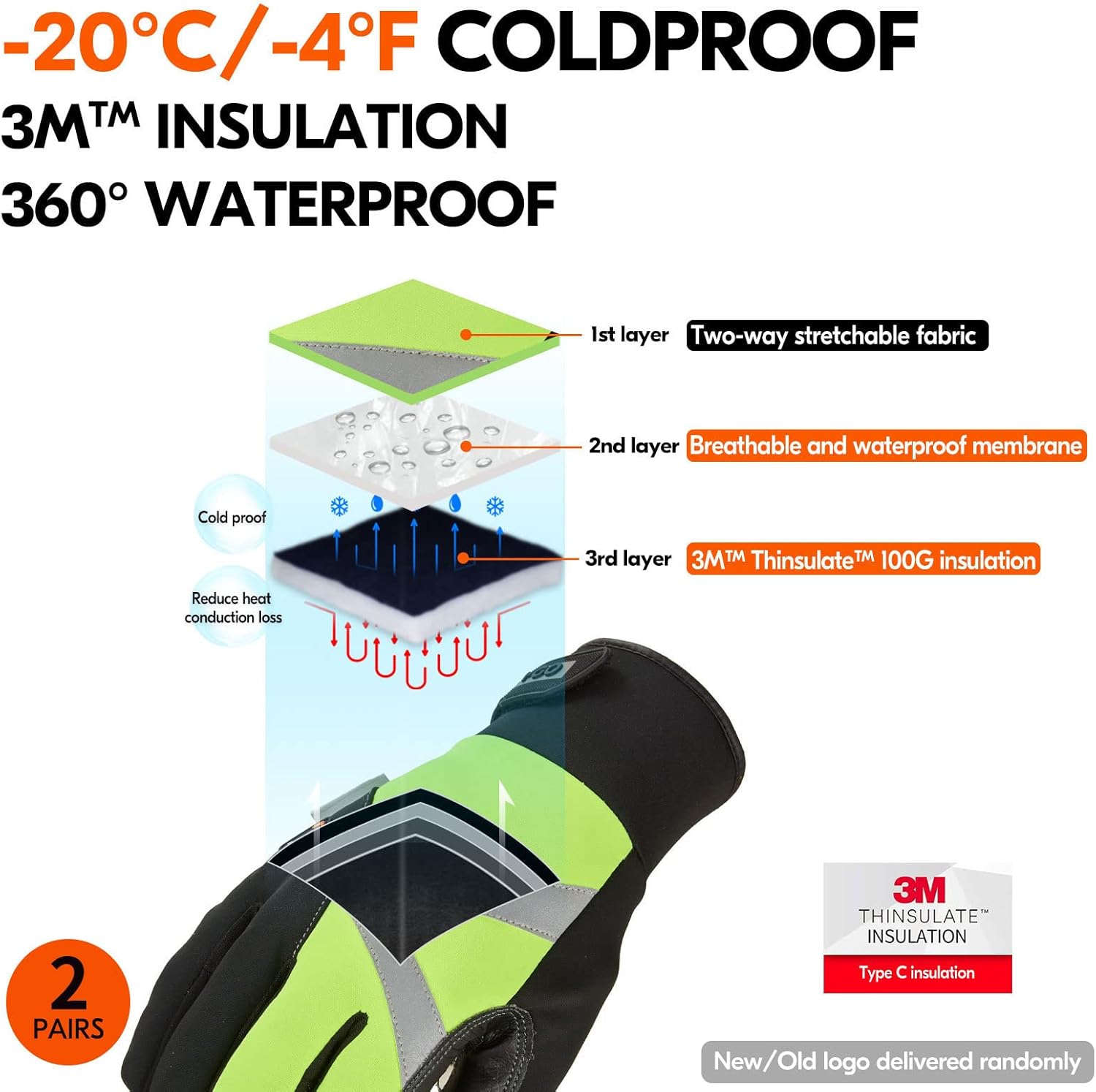 Vgo… 2 pares de -4 o superior 3M Thinsulate C100 guantes de trabajo cálidos de cuero sintético forrados, inserción impermeable (SL8777FW)