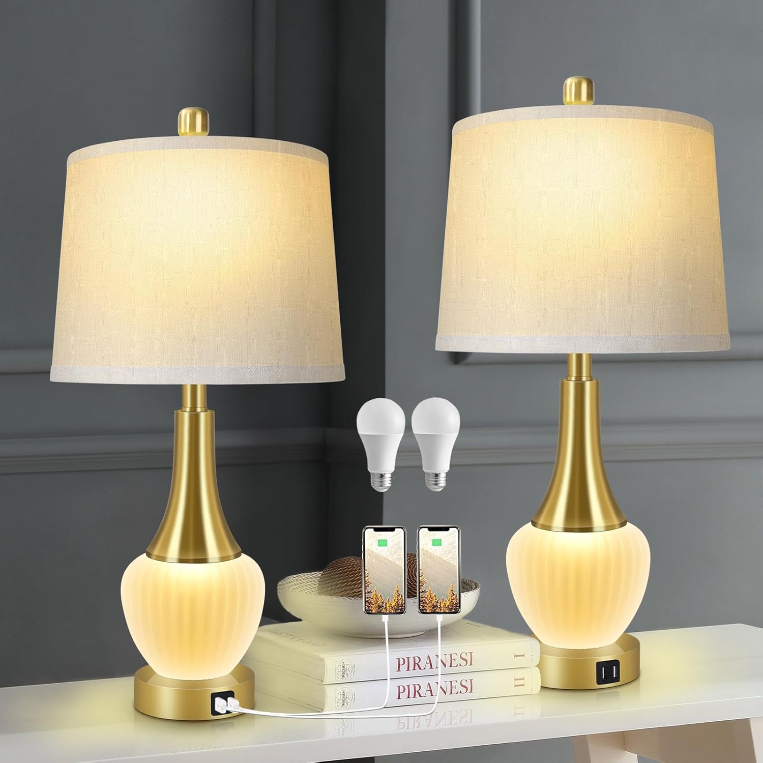 Juego de 2 lámparas de mesa para sala de estar, lámpara de noche de cristal moderna con puertos USB, lámparas de mesita de noche regulables de 4