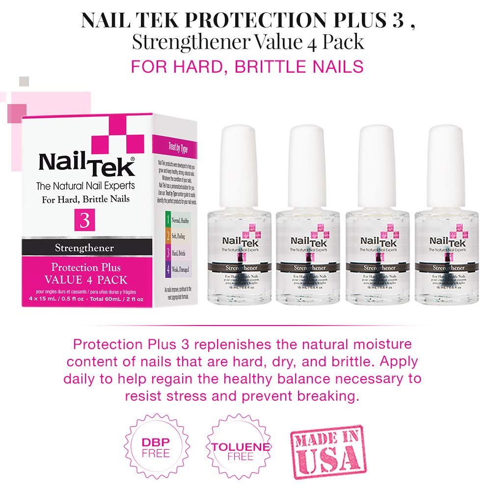 Nail Tek Protection Plus 3, fortalecedor de uñas para uñas duras y quebradizas, 0.5 onzas, paquete económico de 4 unidades