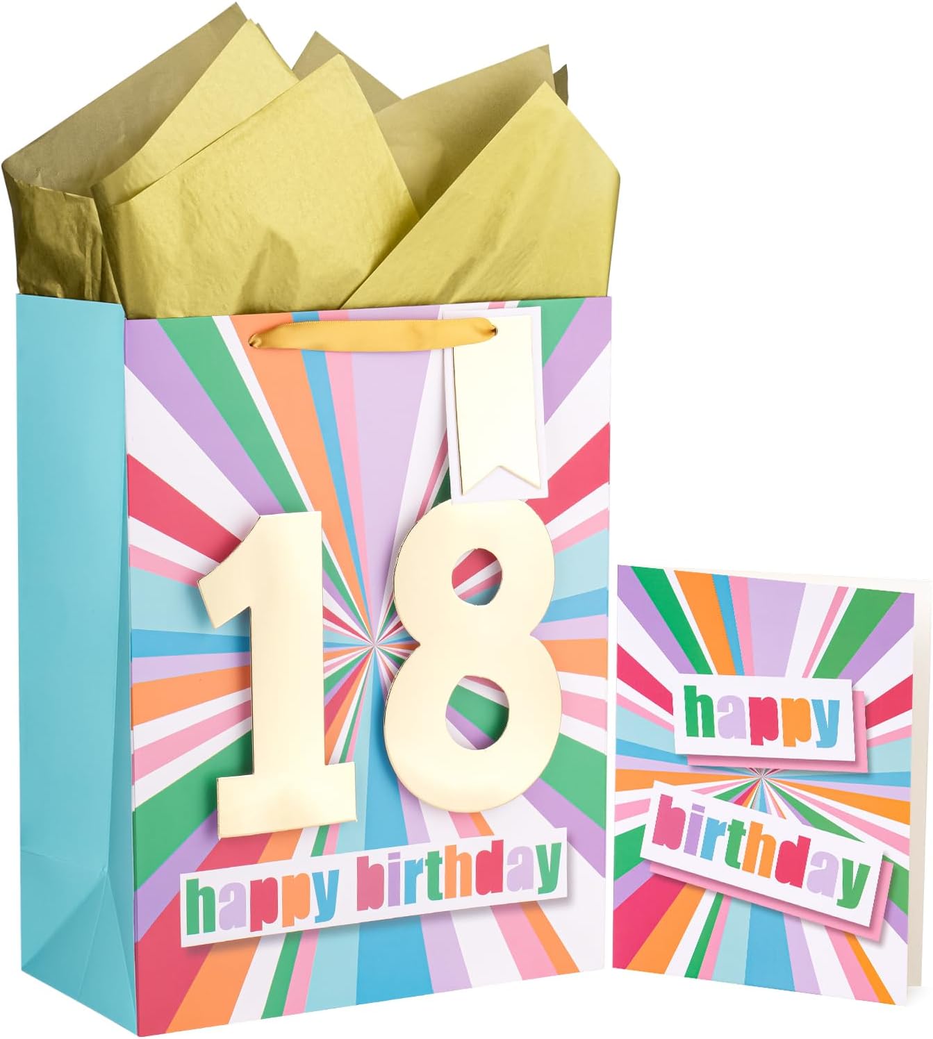 WRAPAHOLIC Bolsa de regalo de cumpleaños grande de 13 pulgadas con tarjeta y papel de seda – 18 cumpleaños