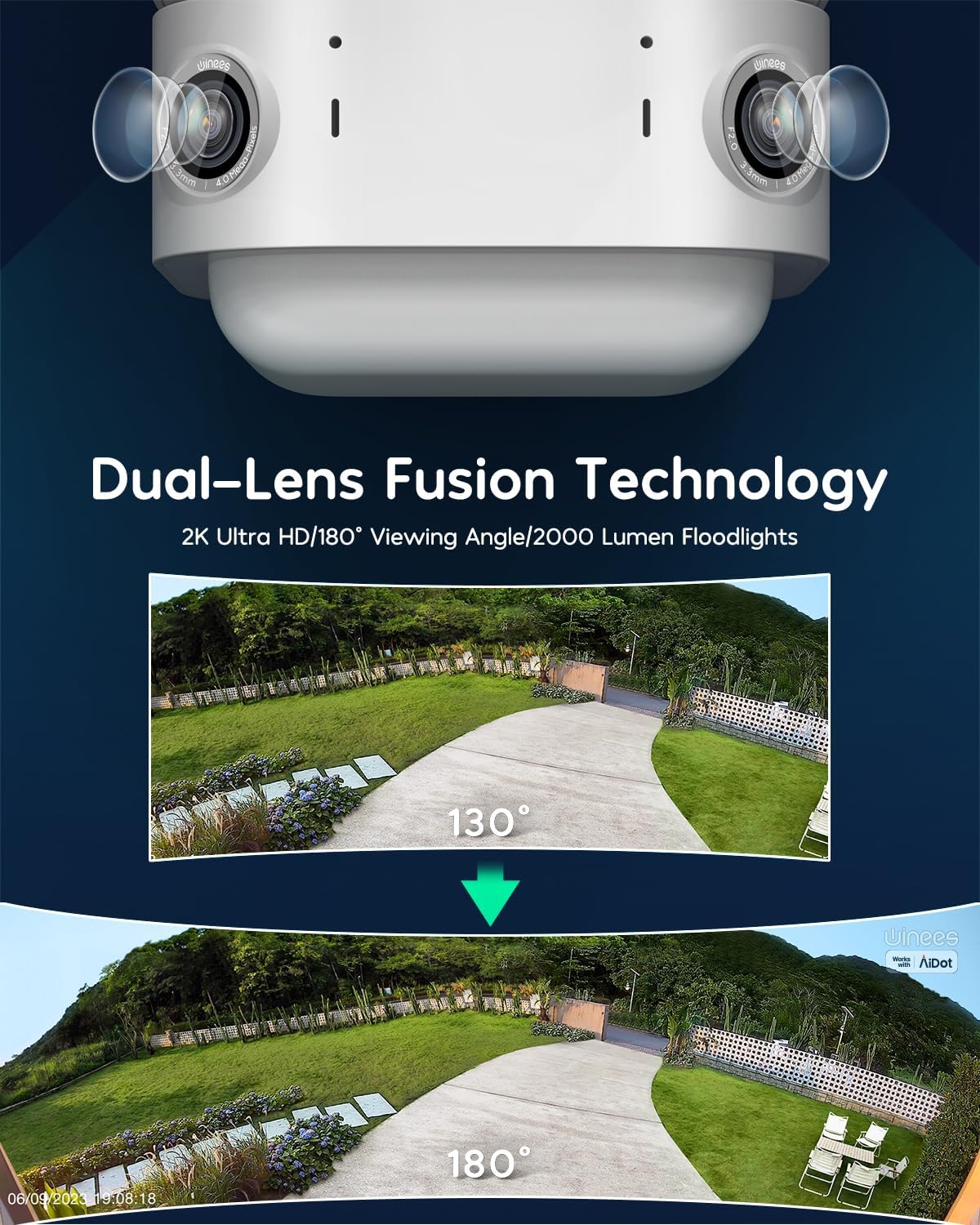 winees Cámara de seguridad con reflector, cámara de seguridad inteligente con cable 2K QHD IP65 para exteriores, visión nocturna a color, FOV de 180