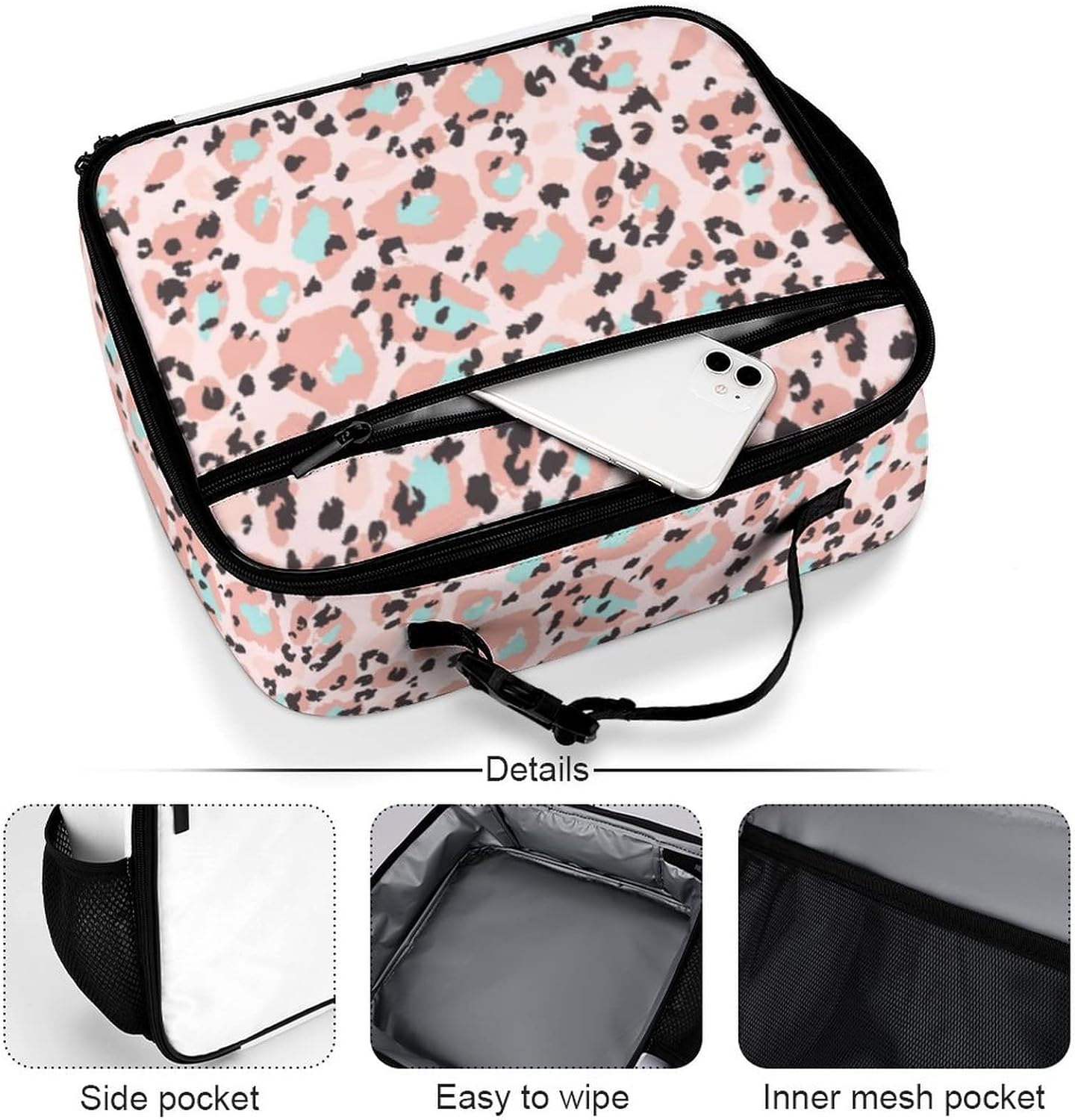 Muishi Lonchera reutilizable con diseño de rosetas de leopardo, bolsa de almuerzo aislada, lonchera para comida y alimentos, bolsa de mano para