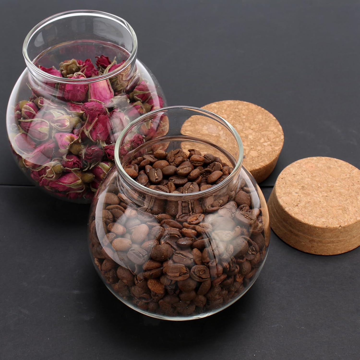 Tarro de vidrio esférico con tapa de corcho hermético, tarro de caramelo de 17 onzas, tarro de vidrio de cocina, para conservar y almacenar café,