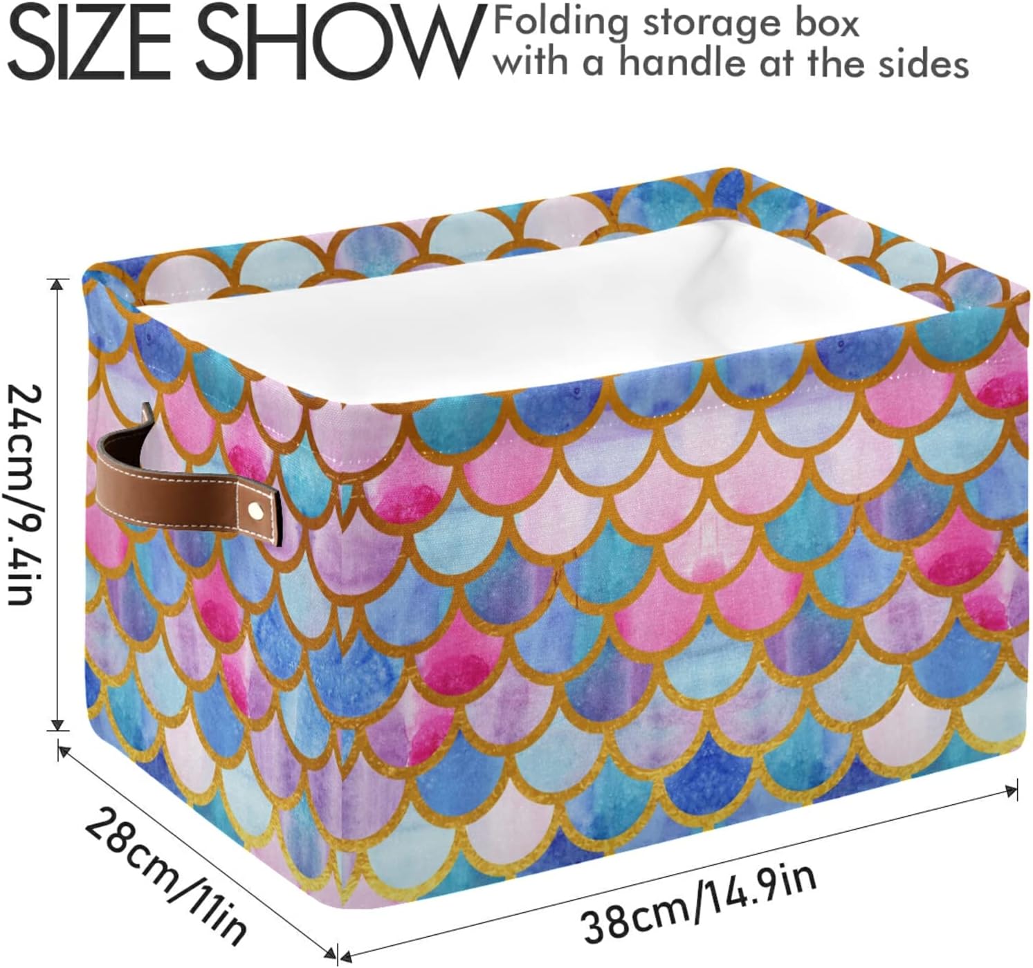 Cesta de almacenamiento rectangular  Escamas de pez sirena colorida caja de almacenamiento plegable con asas de cuero, estantes organizador para