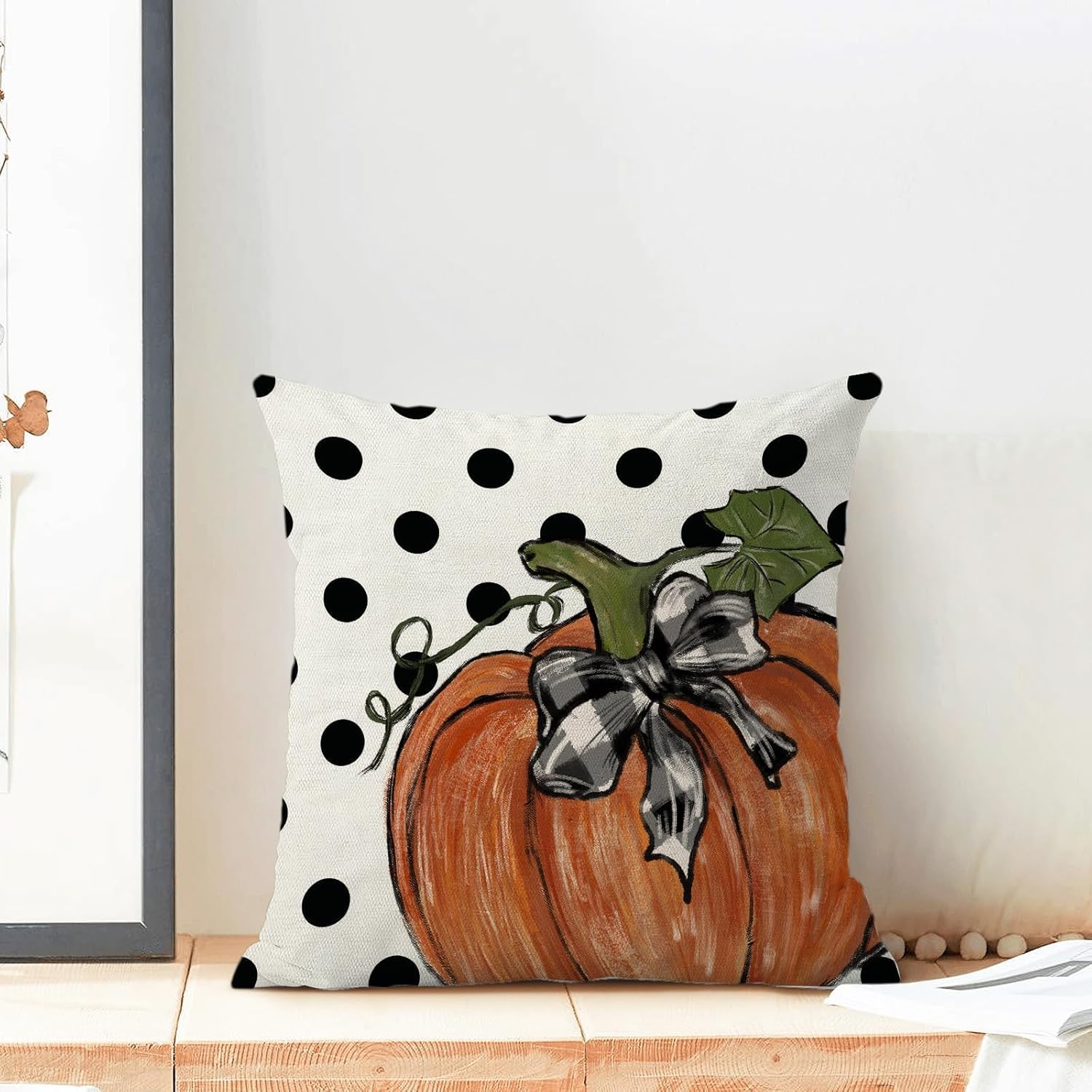 Juego de 2 fundas de almohada de lunares de calabaza otoñal de 16 x 16 pulgadas, juego de 2 fundas de almohada de cosecha de otoño para decoración