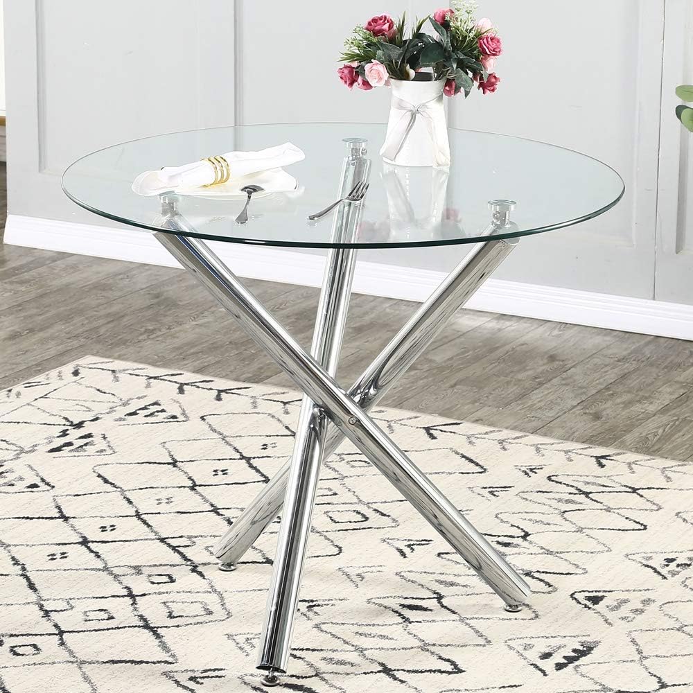 Mesa de comedor de cristal, mesa de comedor redonda de vidrio con tapa de vidrio templado transparente, mesa de comedor moderna, mesa de café de té