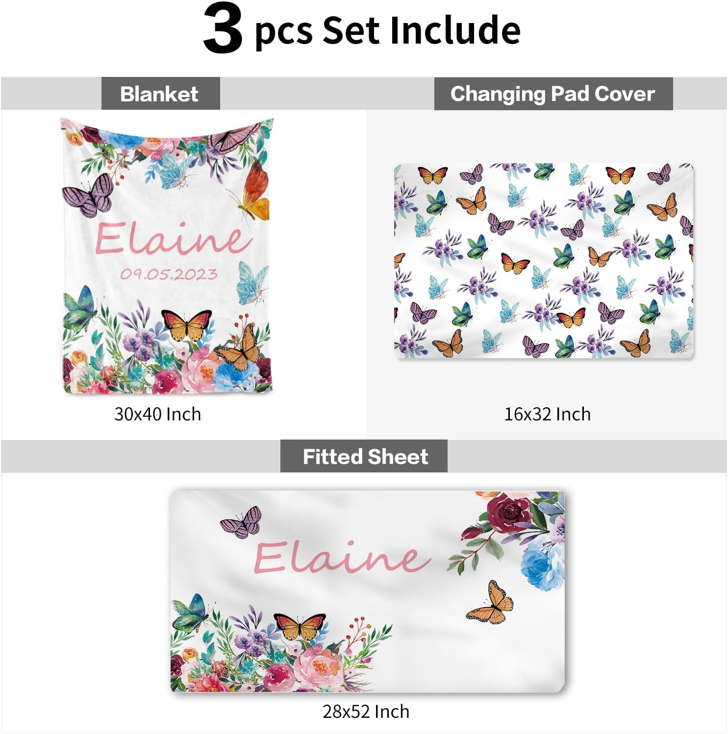 Juego de ropa de cama personalizado para cuna para bebé nombre personalizado, decoración de guardería, manta de bebé de mariposa colorida, sábana