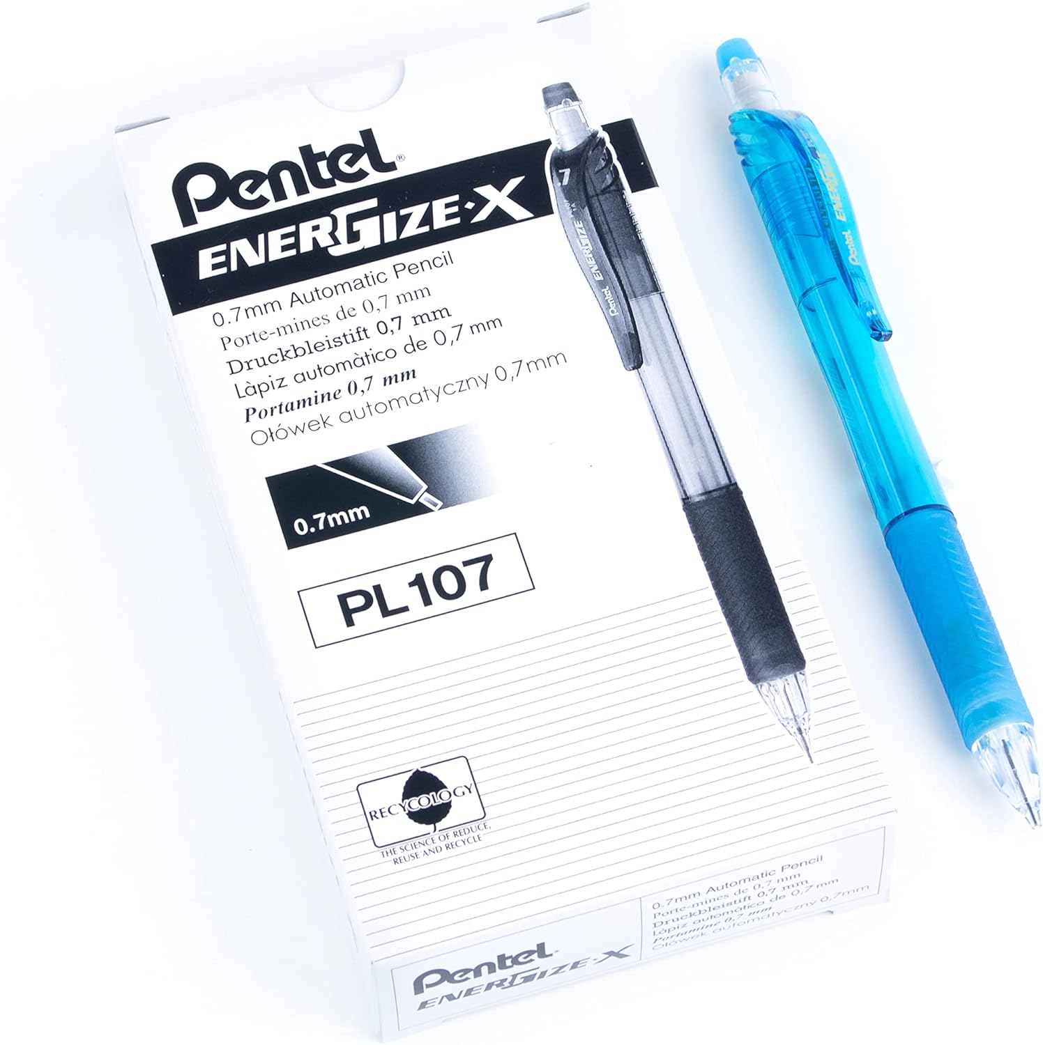 Pentel EnerGize-X – Portaminas (0.028 in), cuerpo azul cielo, caja de 12 (PL107S)