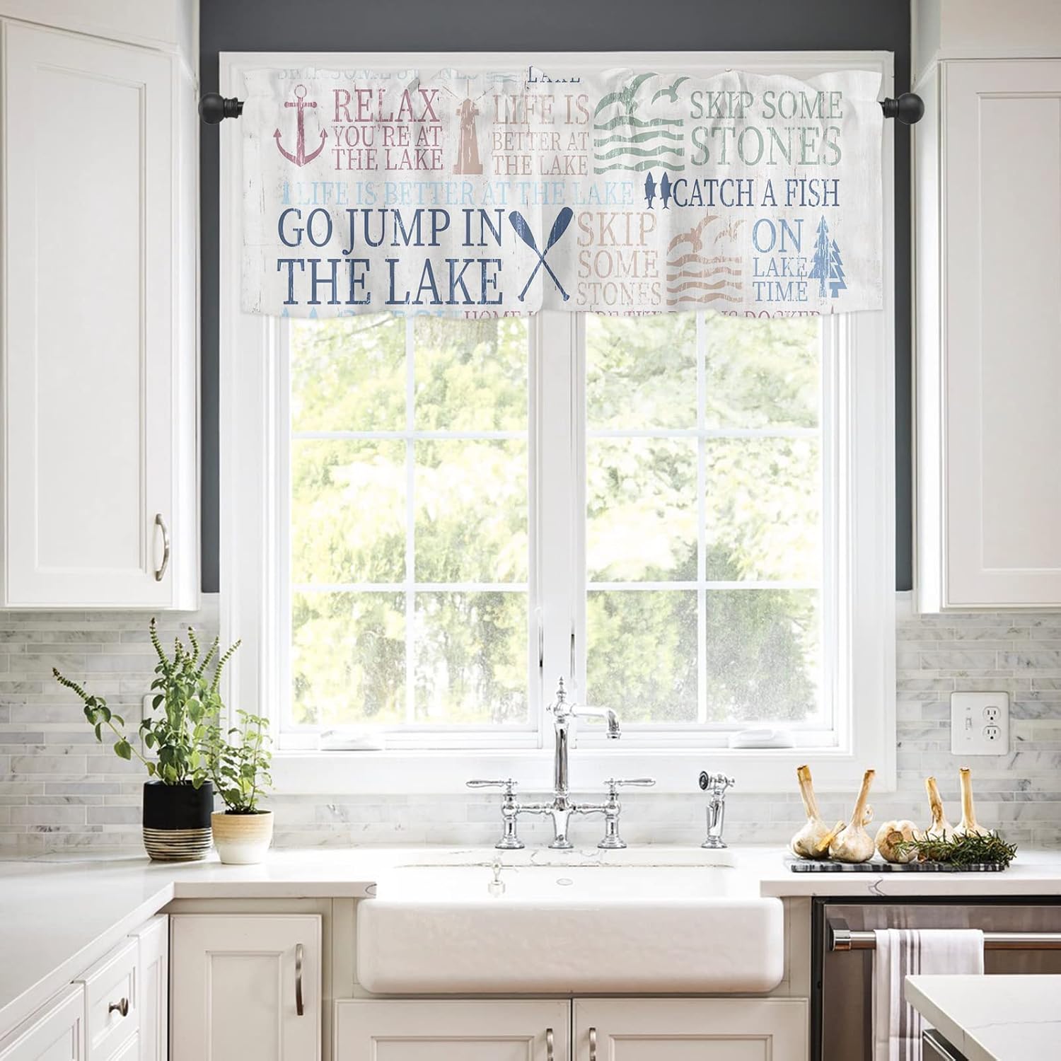 AmbeHome Cenefas de cortina náuticas para decoración de ventanas, cenefa temática de Lake Life para cocina, sala de estar, dormitorio, cenefa de