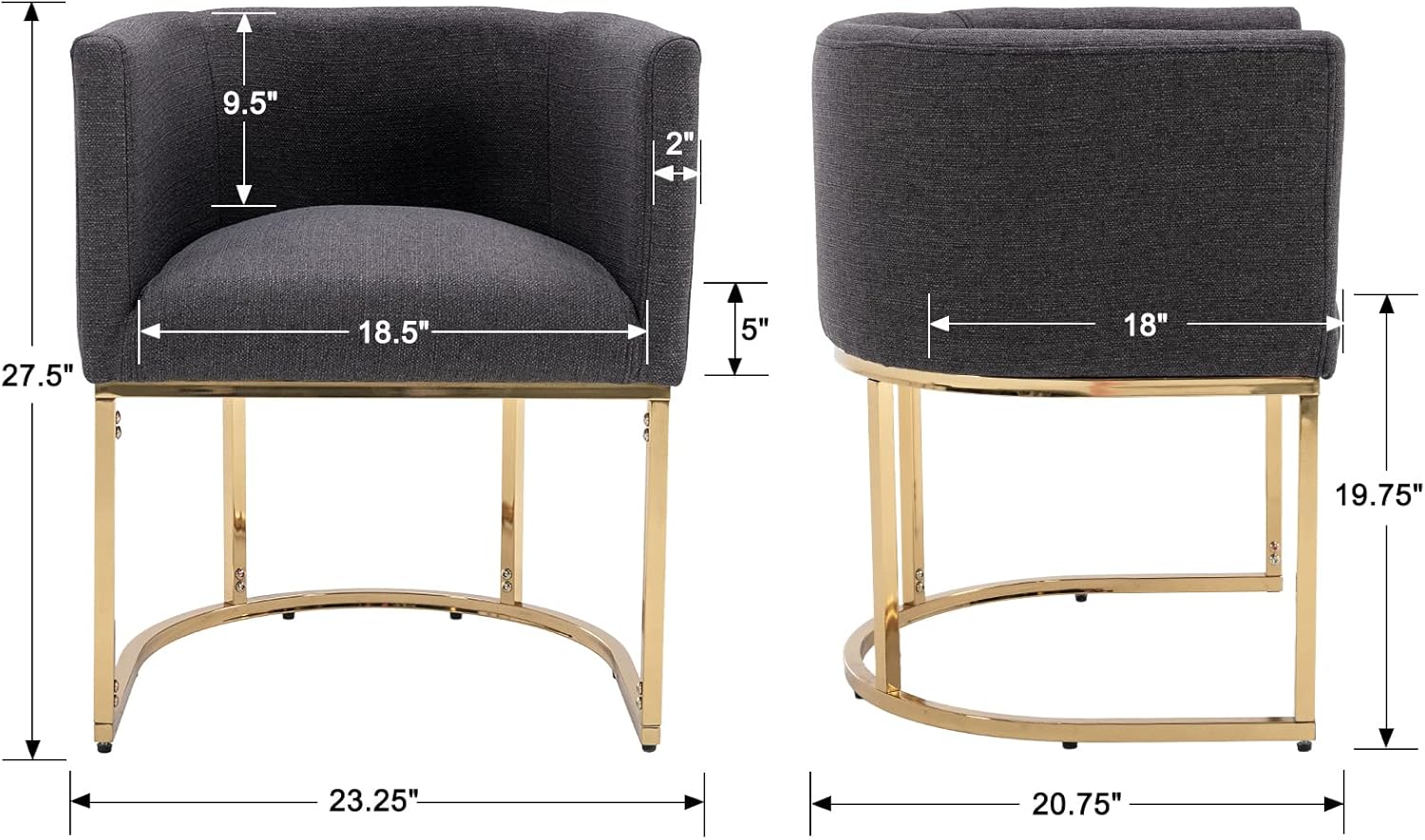 RIVOVA Juego de 2 sillas de comedor modernas de mediados de siglo, sillas tapizadas de lino con respaldo y patas de metal dorado, sillas laterales