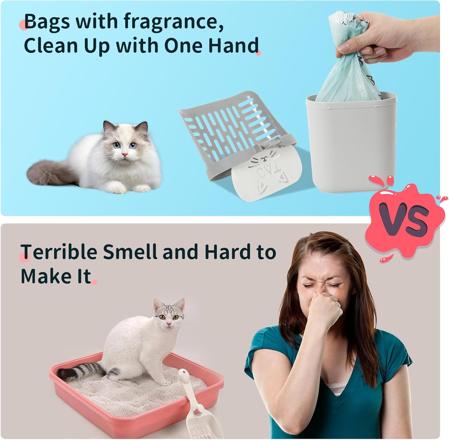 Tamiz de arena grande para gatos con bolsas, pala de arena para gatos mejorada con soporte y basura, pala para gatos con bolsas de basura