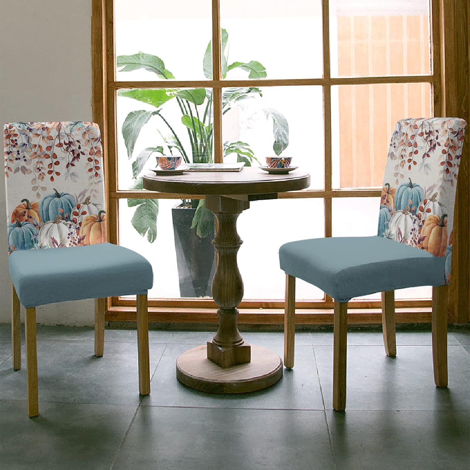 Juego de 6 fundas para silla, diseño retro otoñal, naranja, blanco, azul, cosecha, hojas de calabaza, fundas elásticas extraíbles para sillas Parson