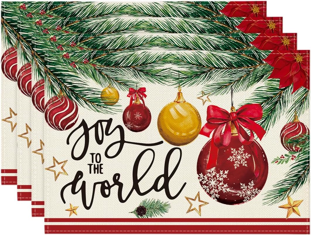 Artoid Mode Joy to The World – Juego de 4 manteles individuales de Navidad con bolas rojas de Navidad, de 12 x 18 pulgadas, para decoración de