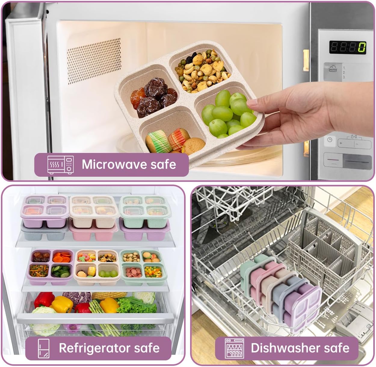 Paquete de 5 loncheras Bento, recipientes de aperitivos de 4 compartimentos, caja de aperitivos Bento dividida, preparación de comidas, lonchera