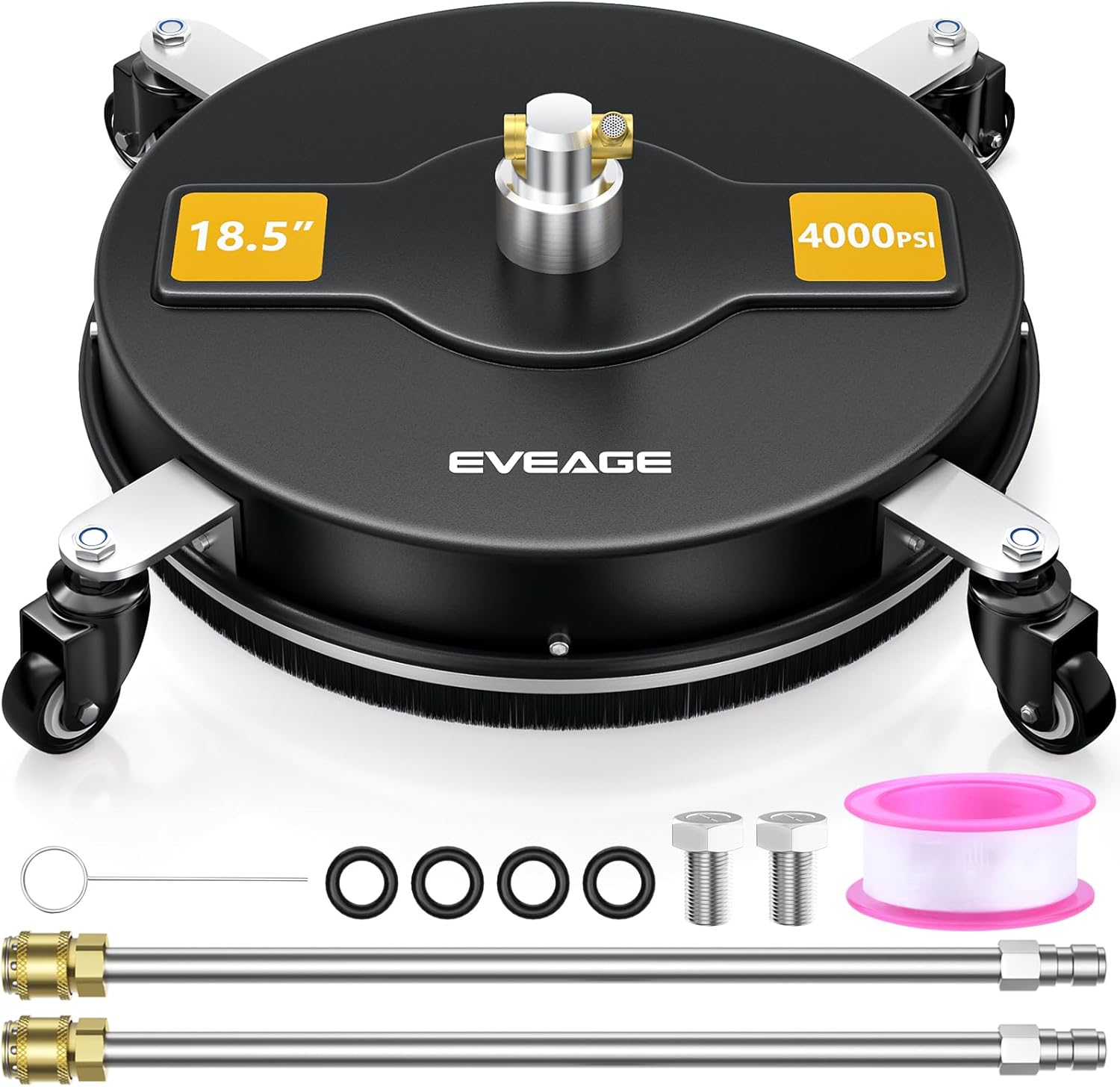 EVEAGE Limpiador de superficies de hidrolavadora de 18.5 pulgadas negro con 4 ruedas, accesorio de lavadora eléctrica de acero inoxidable para