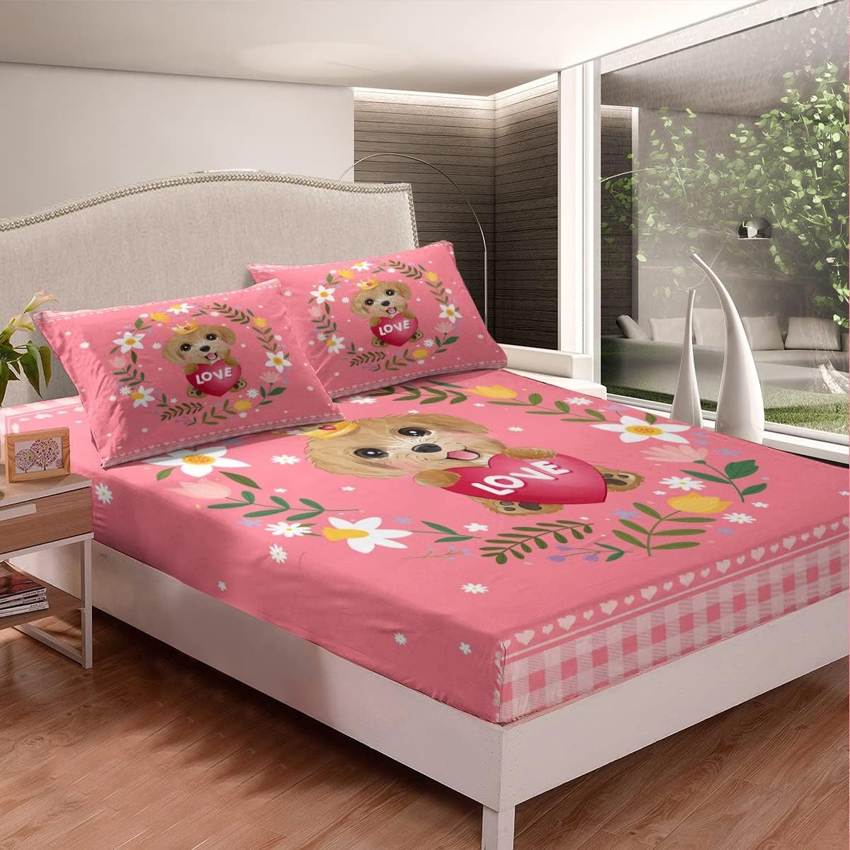 Erosebridal Juego de sábanas de tamaño individual para niños y perros, juego de sábanas con estampado de amor de dibujos animados, diseño de
