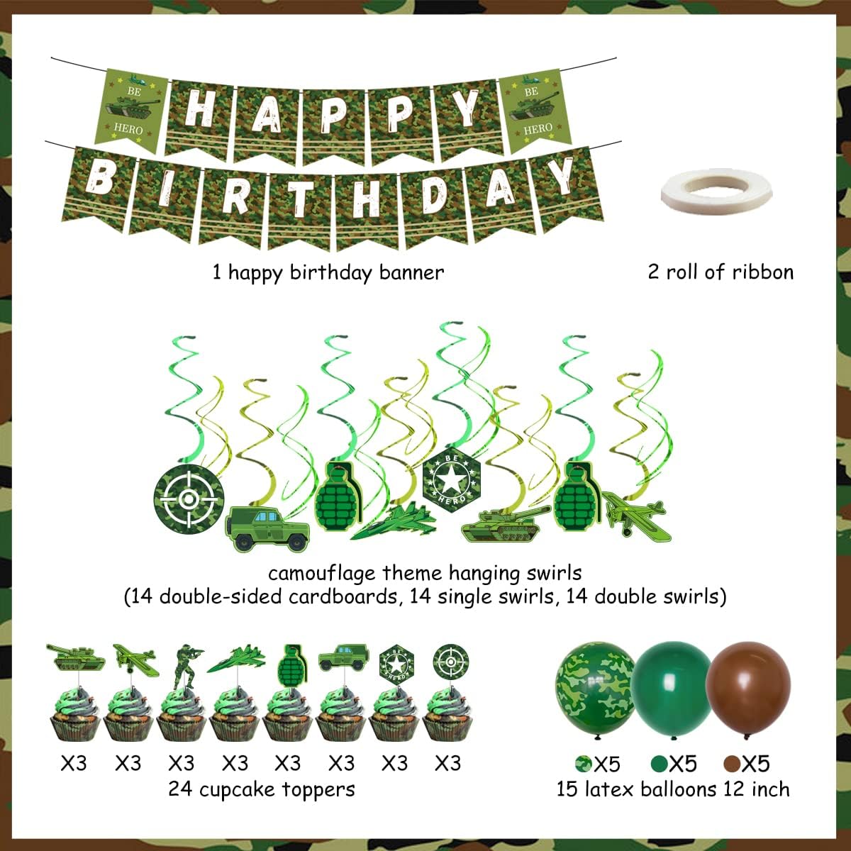Decoraciones de camuflaje para fiesta de cumpleaños, soldado del ejército, suministros de fiesta militar, globos de camuflaje verde, pancarta de