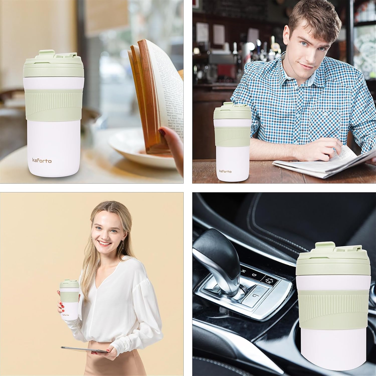 Taza de café de viaje de 15 onzas, tazas de café aisladas con tapa abatible, tazas de café de acero inoxidable a prueba de derrames, vasos de vacío