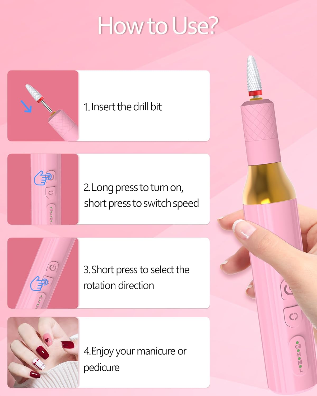 DEEHENK Taladro de uñas eléctrico inalámbrico portátil para uñas acrílicas de gel, lima de uñas recargable para el hogar, sala de belleza, lima de