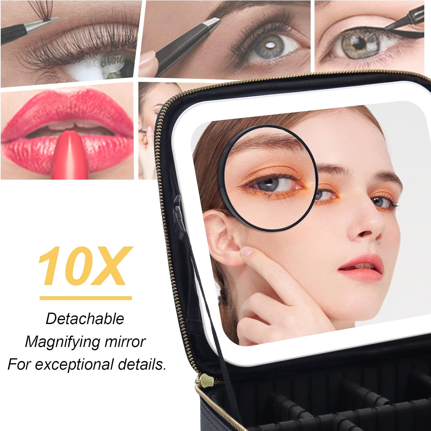 Bolsa de maquillaje con espejo de luz LED, estuche de viaje para maquillaje, organizador de bolsas de cosméticos con divisores ajustables, estuche