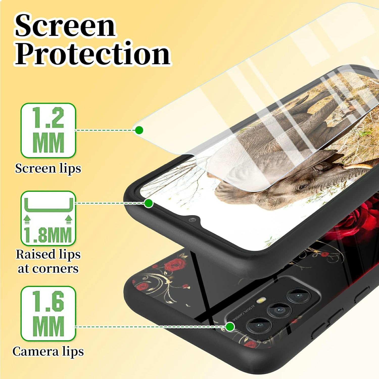 Funda para teléfono Motorola Moto G Play 2023 con protector de pantalla de vidrio templado delgado, cubierta negra, diseño elegante de flores rosas