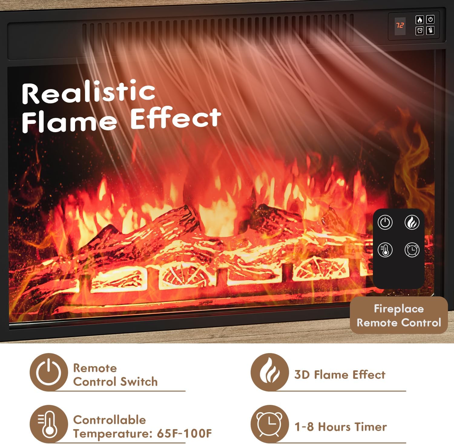 YESHOMY Soporte de TV con chimenea eléctrica para televisores de hasta 65 pulgadas, mesa consola central de entretenimiento multimedia con cuatro