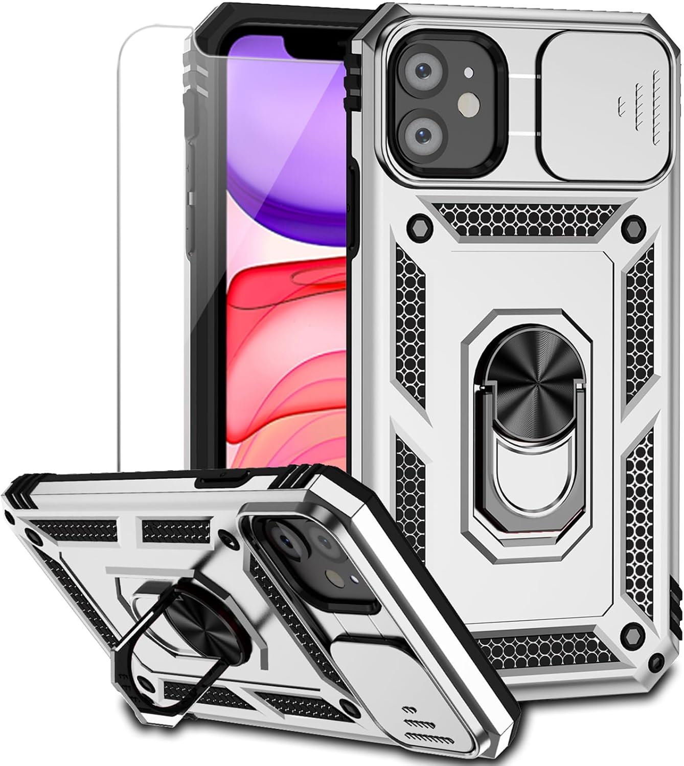 Funda para iPhone 11 con cubierta para lente de cámara, protector de pantalla HD, doble capa protección contra caídas de grado militar de 15 pies