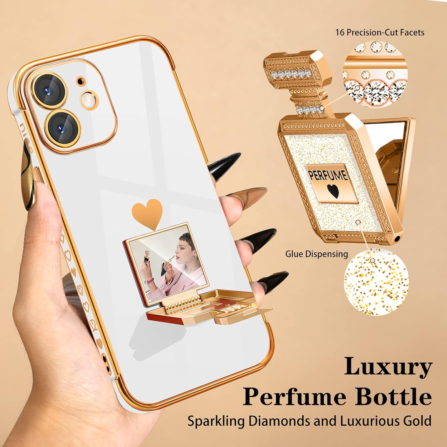Buleens Funda para iPhone 11 con soporte de espejo de botella de perfume de metal, bonitas fundas de corazón femenino para iPhone 11, elegante funda